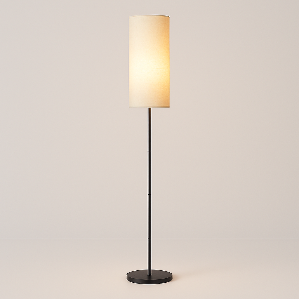 Tall slim floor lamp with cylindrical fabric shade and black base, 173 cm in height, shown beside a modern chair in a living room setting.