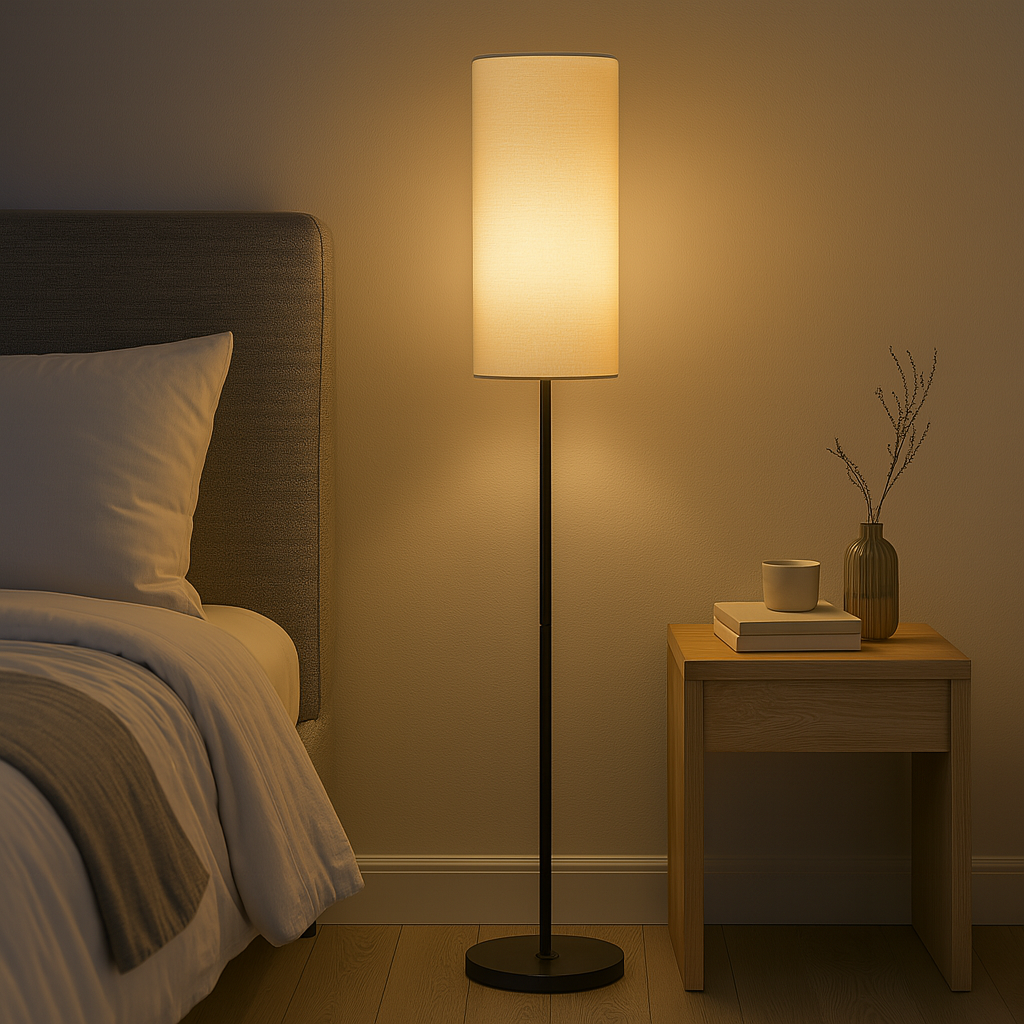 Tall slim floor lamp with cylindrical fabric shade and black base, 173 cm in height, shown beside a modern chair in a living room setting.