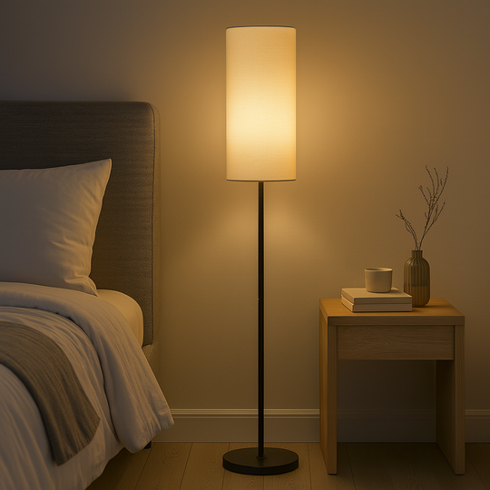 Tall slim floor lamp with cylindrical fabric shade and black base, 173 cm in height, shown beside a modern chair in a living room setting.