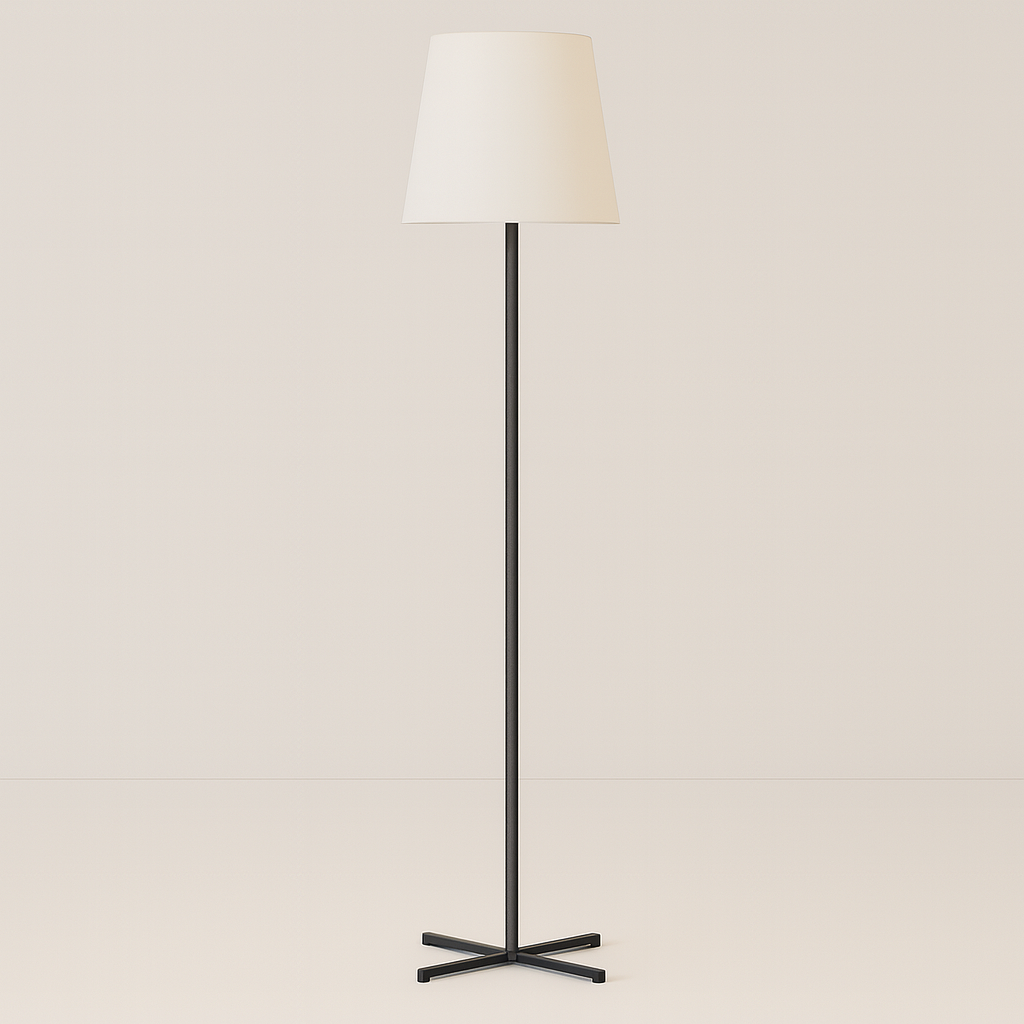 Slim black floor lamp with white tapered drum shade, 160 cm in height, displayed with measurements against a plain background.