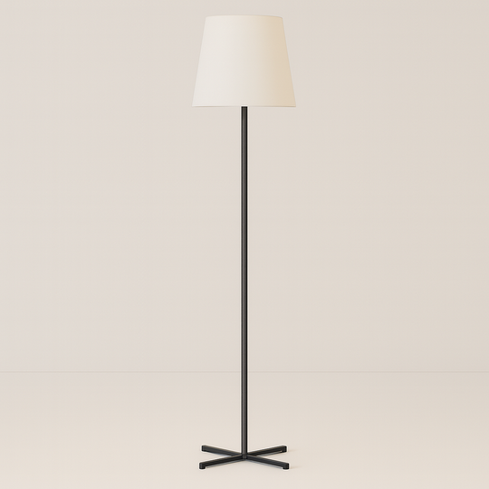 Slim black floor lamp with white tapered drum shade, 160 cm in height, displayed with measurements against a plain background.