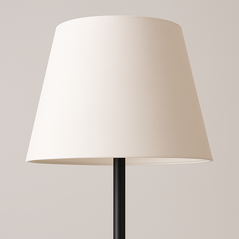 Slim black floor lamp with white tapered drum shade, 160 cm in height, displayed with measurements against a plain background.