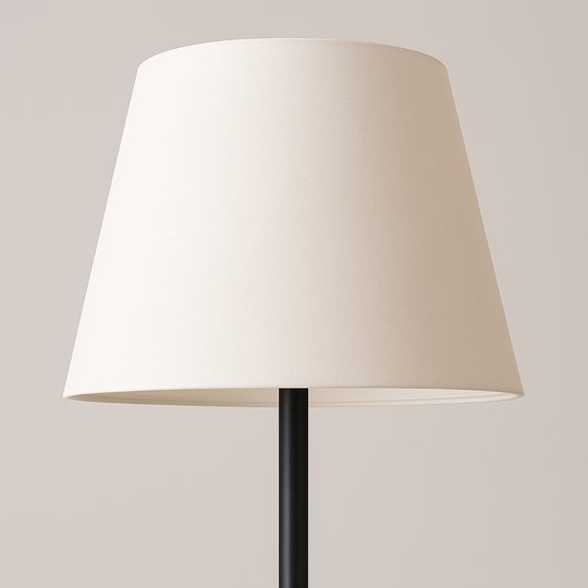 Slim black floor lamp with white tapered drum shade, 160 cm in height, displayed with measurements against a plain background.
