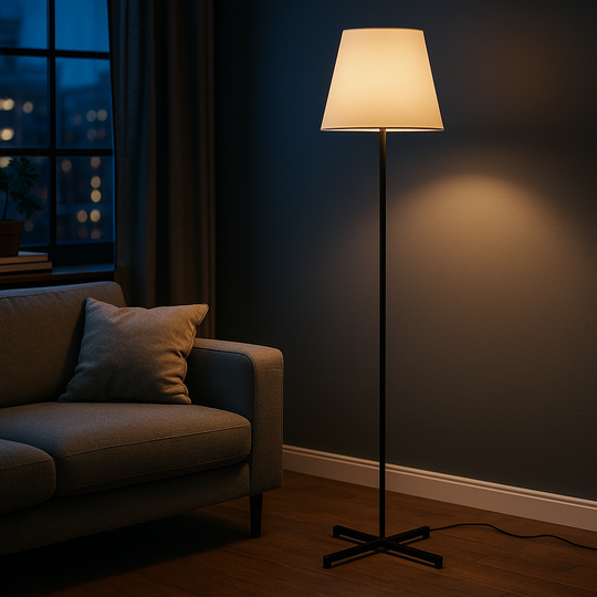 Slim black floor lamp with white tapered drum shade, 160 cm in height, displayed with measurements against a plain background.