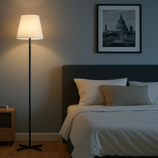Slim black floor lamp with white tapered drum shade, 160 cm in height, displayed with measurements against a plain background.