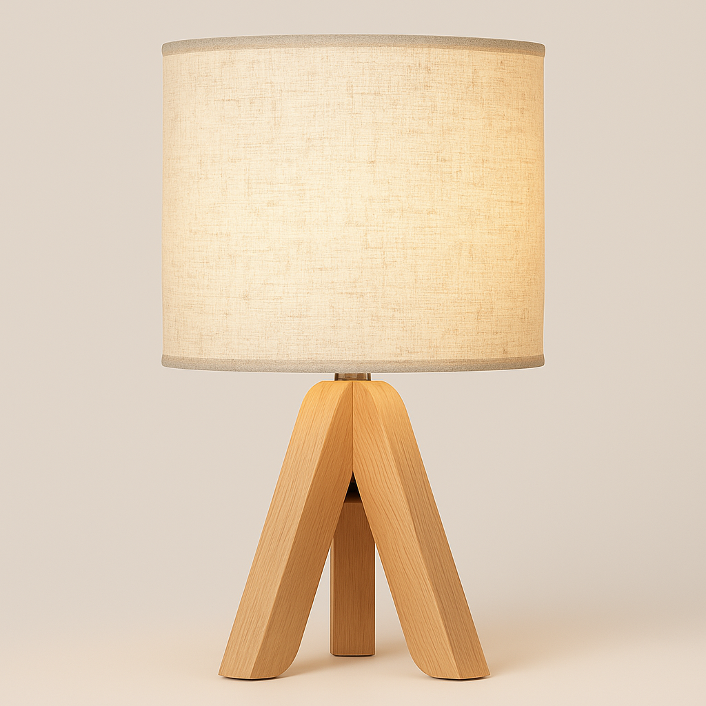 ooden tripod base table lamp with beige fabric drum shade, softly glowing in a cozy interior setting.