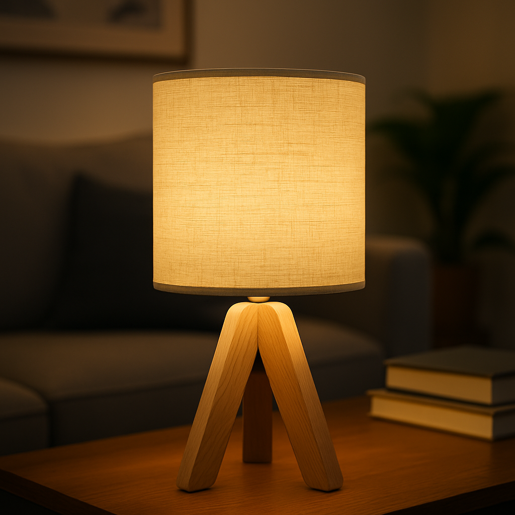 ooden tripod base table lamp with beige fabric drum shade, softly glowing in a cozy interior setting.