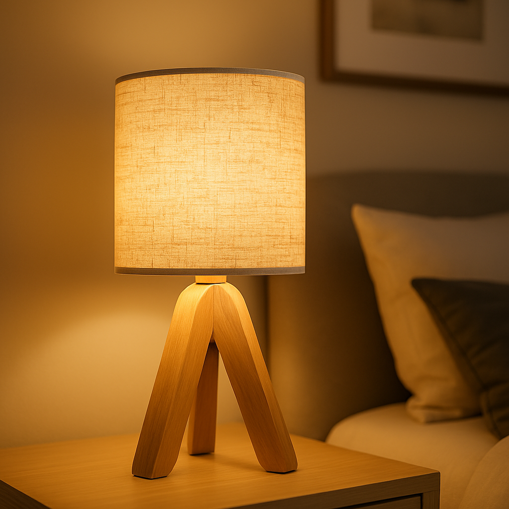 ooden tripod base table lamp with beige fabric drum shade, softly glowing in a cozy interior setting.