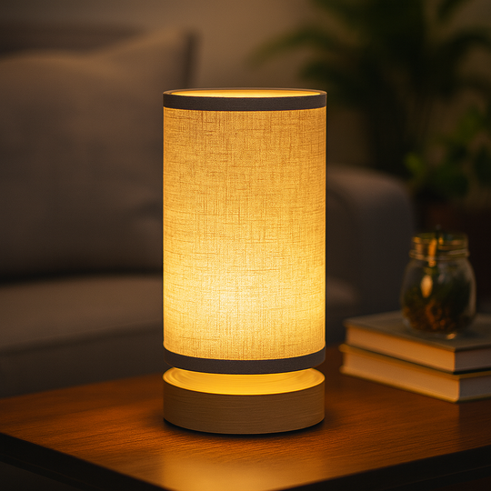 Cylindrical beige fabric table lamp with wood base and grey trim accents, glowing softly against a neutral studio background.