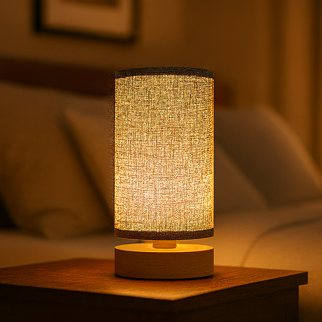 Cylindrical beige fabric table lamp with wood base and grey trim accents, glowing softly against a neutral studio background.