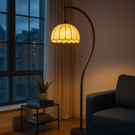 Arched bronze floor lamp with scalloped beige dome shade, 150 cm in height, shown against a plain background.