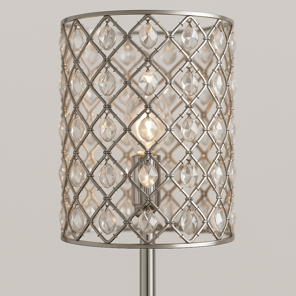 Tall chrome floor lamp with crystal-patterned cylindrical shade, 160 cm in height, glowing warmly in a modern interior setting.