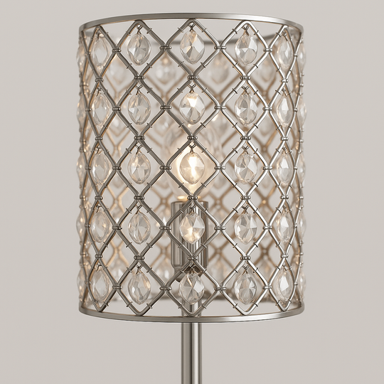 Tall chrome floor lamp with crystal-patterned cylindrical shade, 160 cm in height, glowing warmly in a modern interior setting.