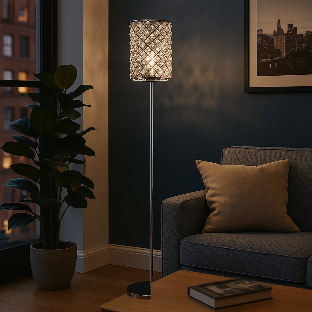 Tall chrome floor lamp with crystal-patterned cylindrical shade, 160 cm in height, glowing warmly in a modern interior setting.