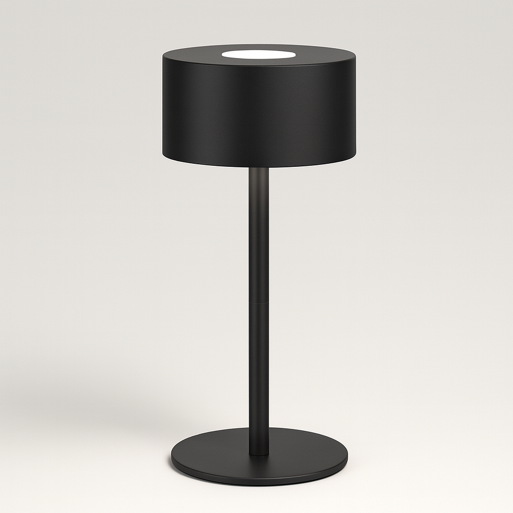 Modern black table lamp with cylindrical shade and slim stand, minimalistic design on a neutral studio background.