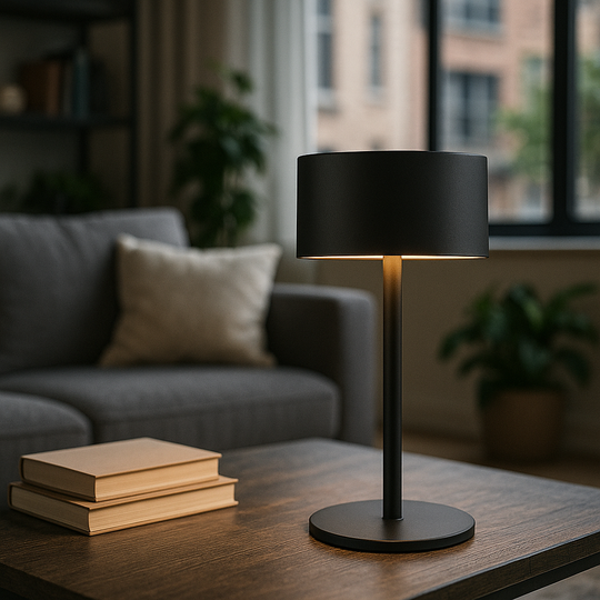Modern black table lamp with cylindrical shade and slim stand, minimalistic design on a neutral studio background.