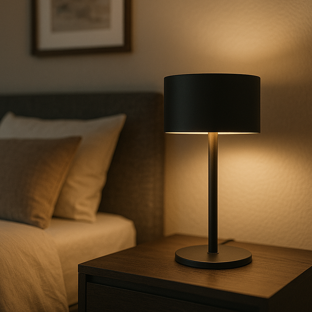Modern black table lamp with cylindrical shade and slim stand, minimalistic design on a neutral studio background.