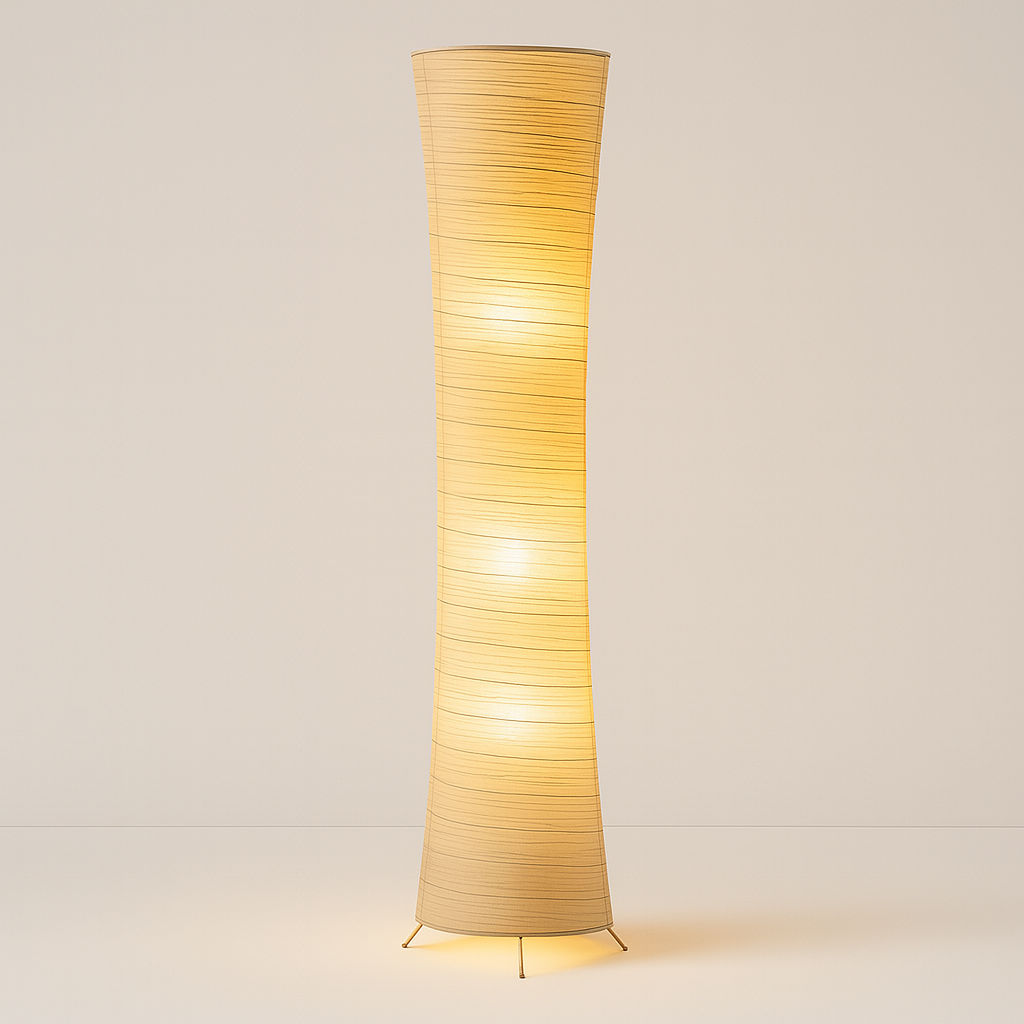 Tall sculpted floor lamp with beige textured fabric shade, 107 cm height, USB-powered with remote control, glowing warmly against a plain background.