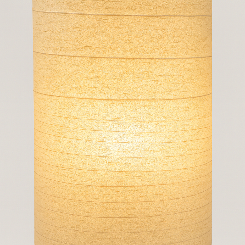 Tall sculpted floor lamp with beige textured fabric shade, 107 cm height, USB-powered with remote control, glowing warmly against a plain background.