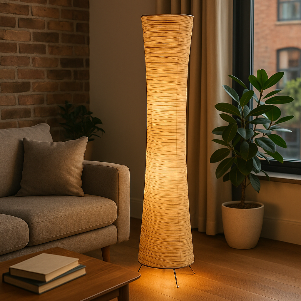 Tall sculpted floor lamp with beige textured fabric shade, 107 cm height, USB-powered with remote control, glowing warmly against a plain background.