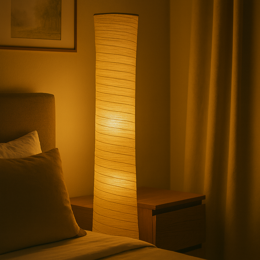 Tall sculpted floor lamp with beige textured fabric shade, 107 cm height, USB-powered with remote control, glowing warmly against a plain background.