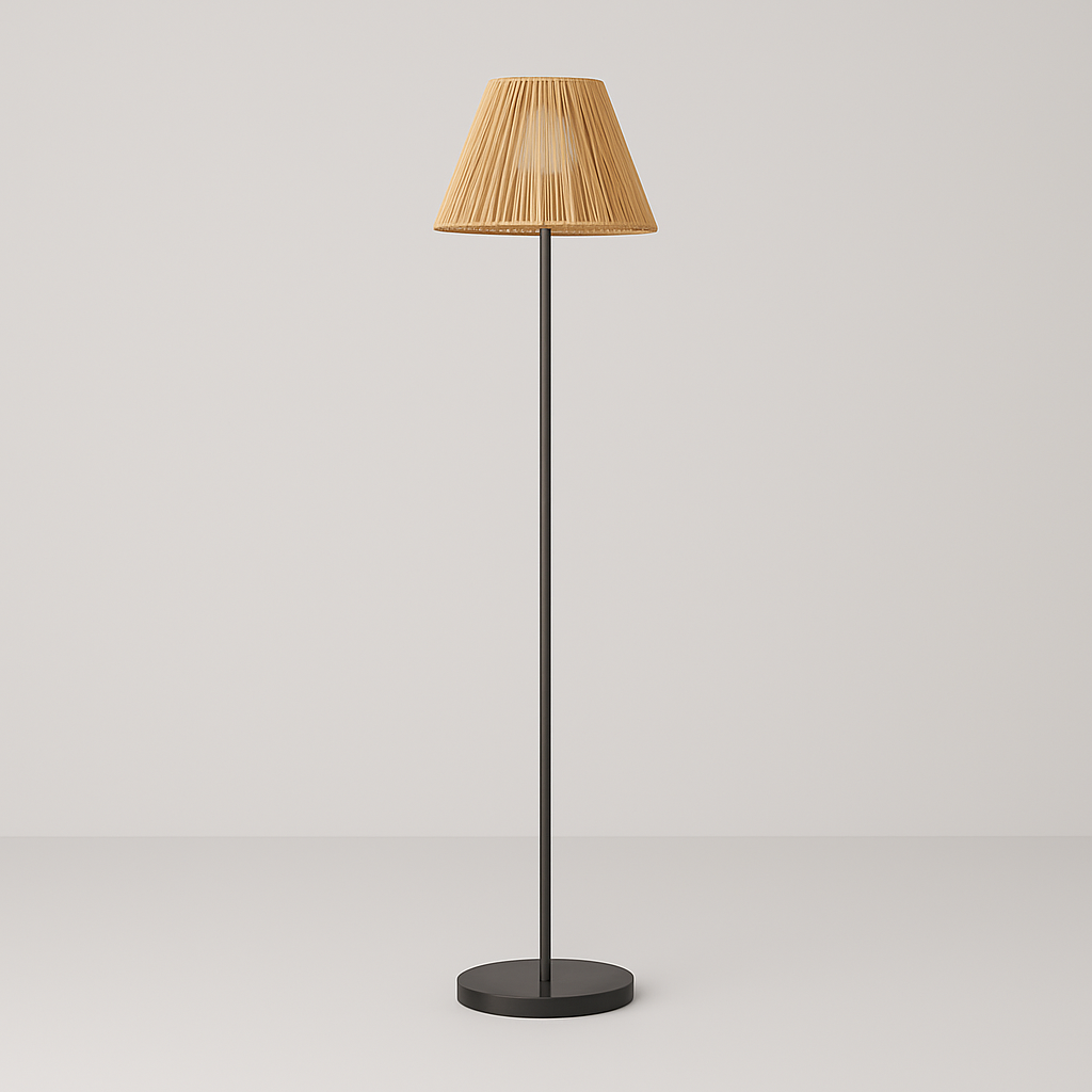 Slim black floor lamp with natural beige pleated shade, 119 cm tall, shown on a plain background with size dimensions.