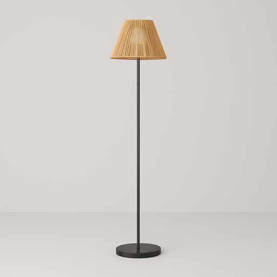 Slim black floor lamp with natural beige pleated shade, 119 cm tall, shown on a plain background with size dimensions.
