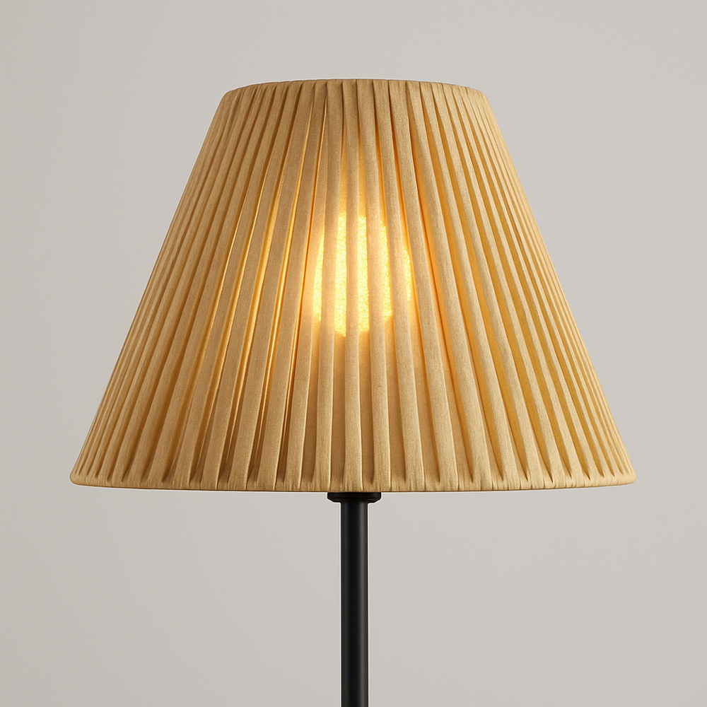 Slim black floor lamp with natural beige pleated shade, 119 cm tall, shown on a plain background with size dimensions.
