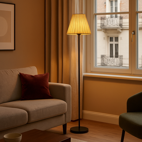 Slim black floor lamp with natural beige pleated shade, 119 cm tall, shown on a plain background with size dimensions.