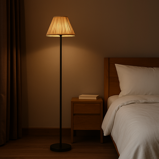 Slim black floor lamp with natural beige pleated shade, 119 cm tall, shown on a plain background with size dimensions.