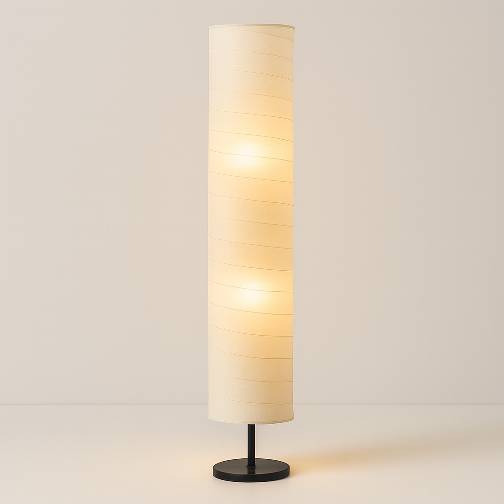 Tall cylindrical floor lamp with white fabric shade and black base, 107 cm in height, softly glowing with multiple light points.