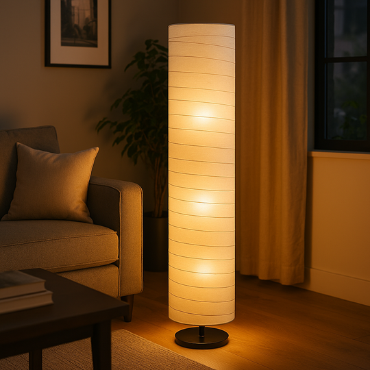 Tall cylindrical floor lamp with white fabric shade and black base, 107 cm in height, softly glowing with multiple light points.