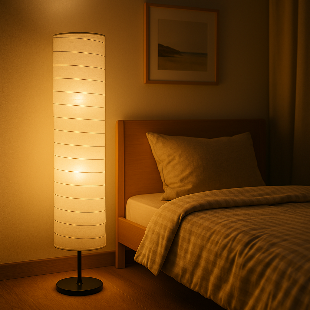 Tall cylindrical floor lamp with white fabric shade and black base, 107 cm in height, softly glowing with multiple light points.