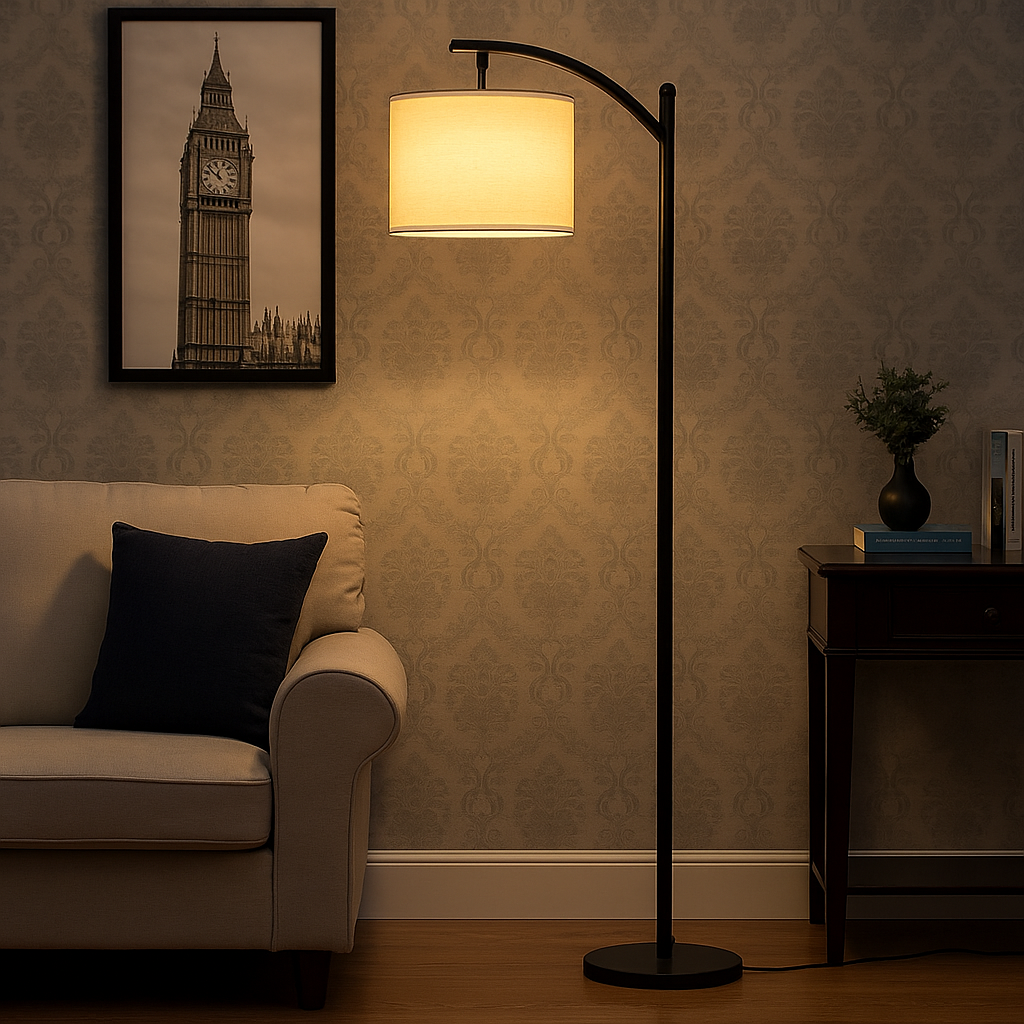 Tall arched floor lamp with black stand and ivory cylindrical shade, 158 cm in height, positioned beside an armchair in a cozy living room setting.