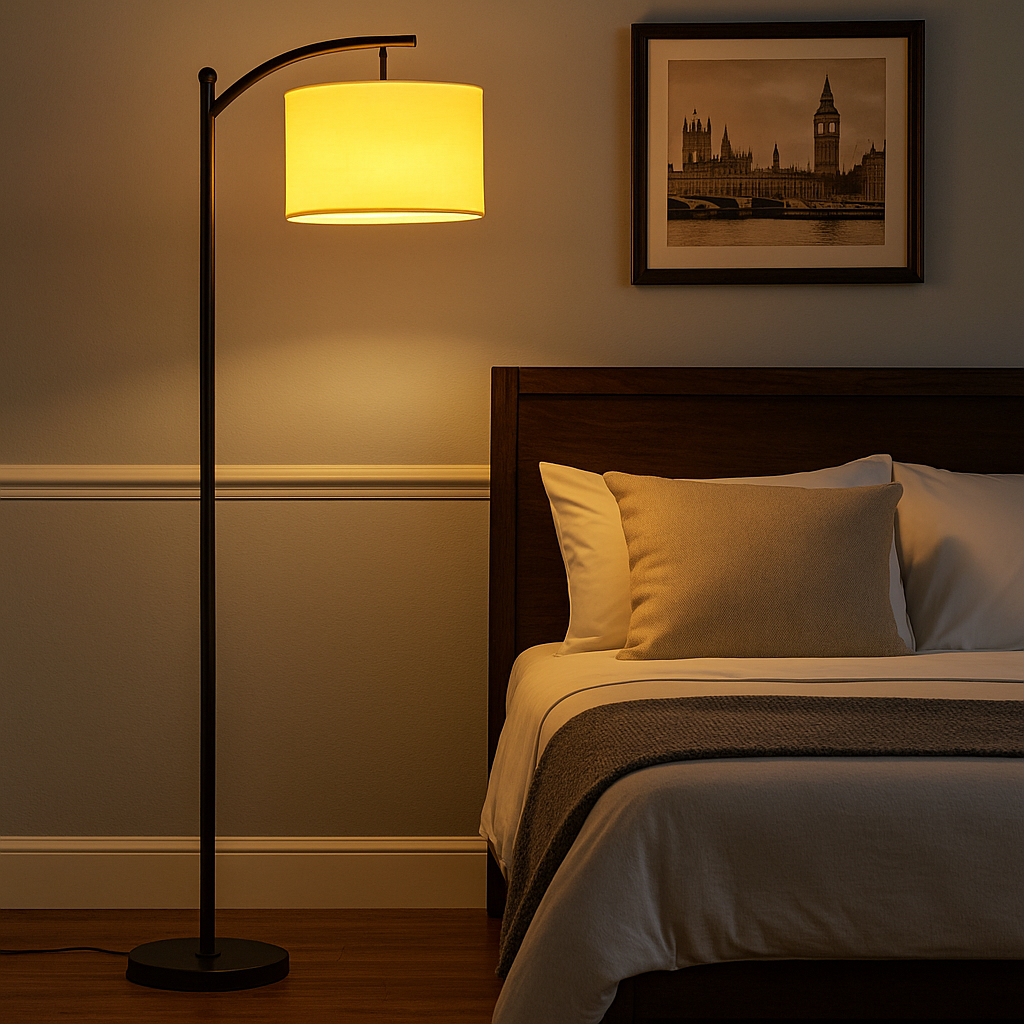 Tall arched floor lamp with black stand and ivory cylindrical shade, 158 cm in height, positioned beside an armchair in a cozy living room setting.
