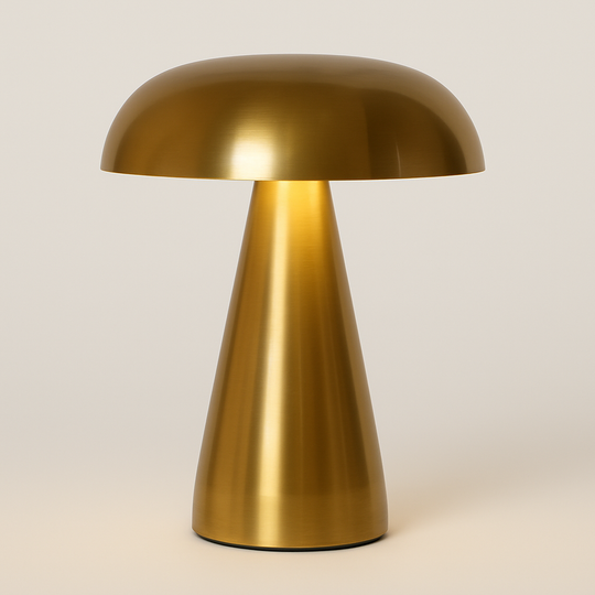 Bronze-toned mushroom-shaped table lamp with dome shade and tapered base, compact 20 cm size, shown on a white background.