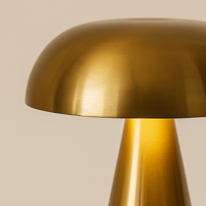 Bronze-toned mushroom-shaped table lamp with dome shade and tapered base, compact 20 cm size, shown on a white background.