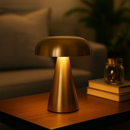 Bronze-toned mushroom-shaped table lamp with dome shade and tapered base, compact 20 cm size, shown on a white background.