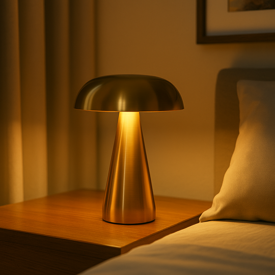 Bronze-toned mushroom-shaped table lamp with dome shade and tapered base, compact 20 cm size, shown on a white background.