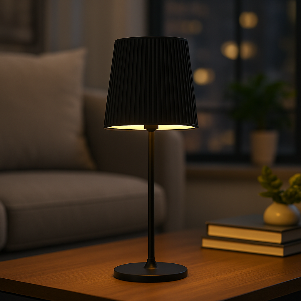 Slim black table lamp with pleated fabric shade and tall slender base, 35 cm in height, shown in a studio display with size dimensions.