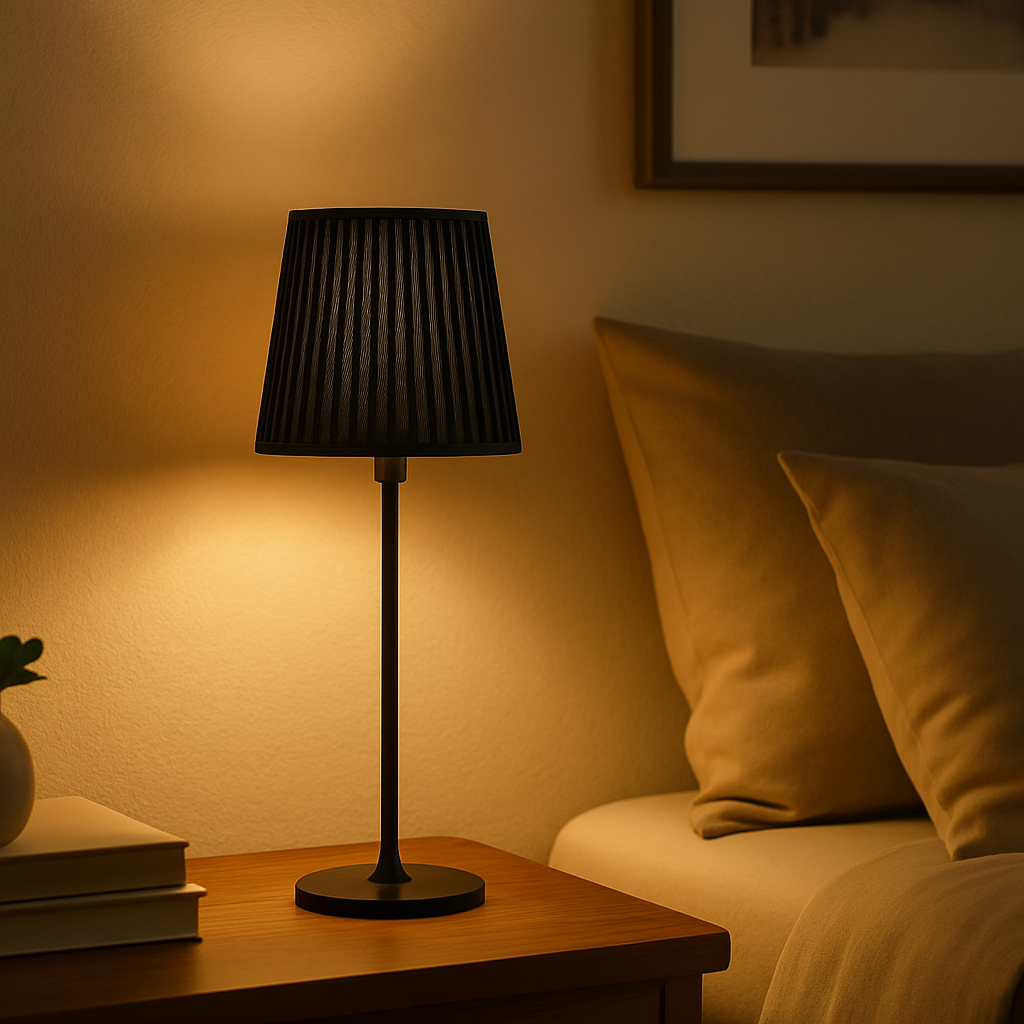 Slim black table lamp with pleated fabric shade and tall slender base, 35 cm in height, shown in a studio display with size dimensions.