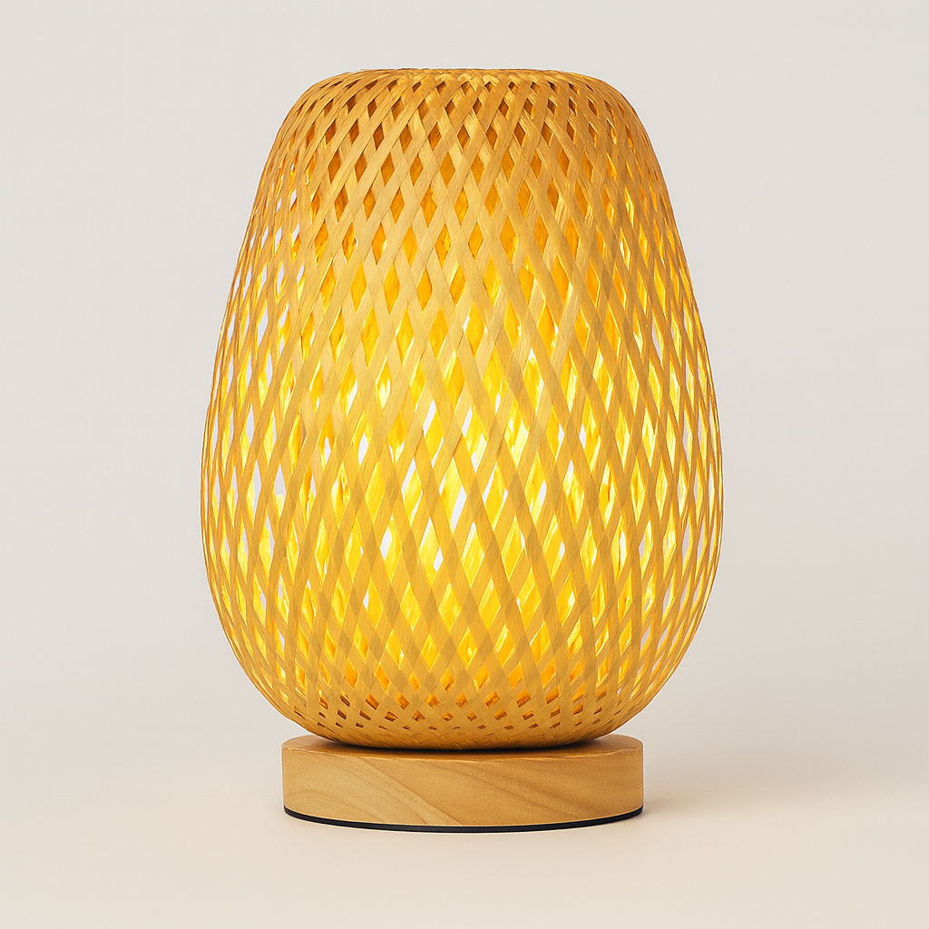 Modern table lamp with a woven diamond lattice shade and wooden base, glowing warmly in a living room setting.