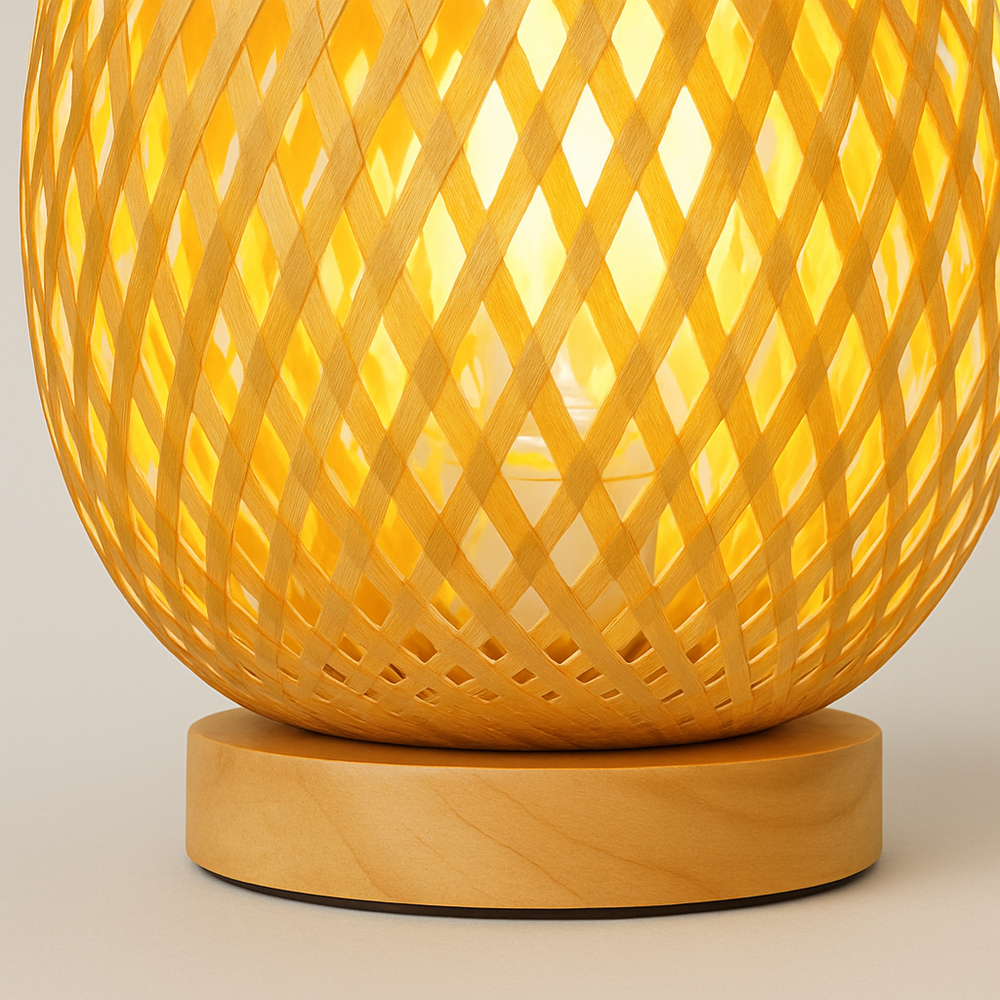 Modern table lamp with a woven diamond lattice shade and wooden base, glowing warmly in a living room setting.