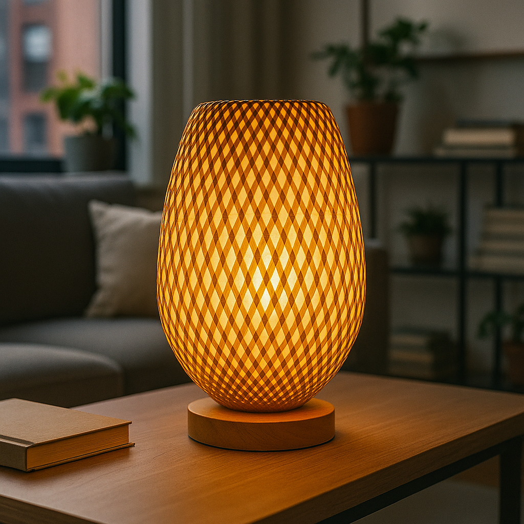 Modern table lamp with a woven diamond lattice shade and wooden base, glowing warmly in a living room setting.