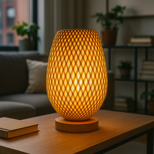 Modern table lamp with a woven diamond lattice shade and wooden base, glowing warmly in a living room setting.