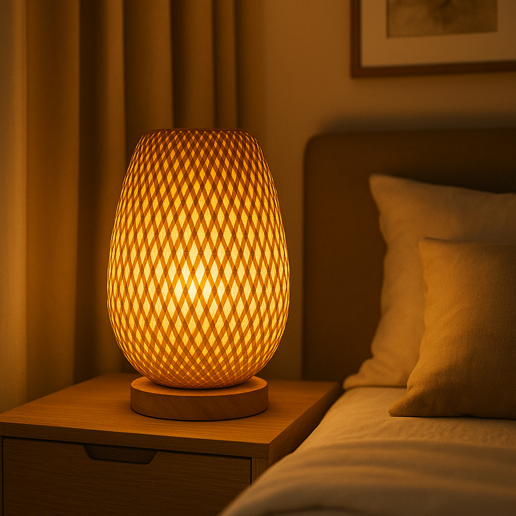 Modern table lamp with a woven diamond lattice shade and wooden base, glowing warmly in a living room setting.