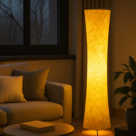 Tall sculptural floor lamp with textured fabric shade, glowing warmly at 130 cm height, shown against a softly lit interior background.