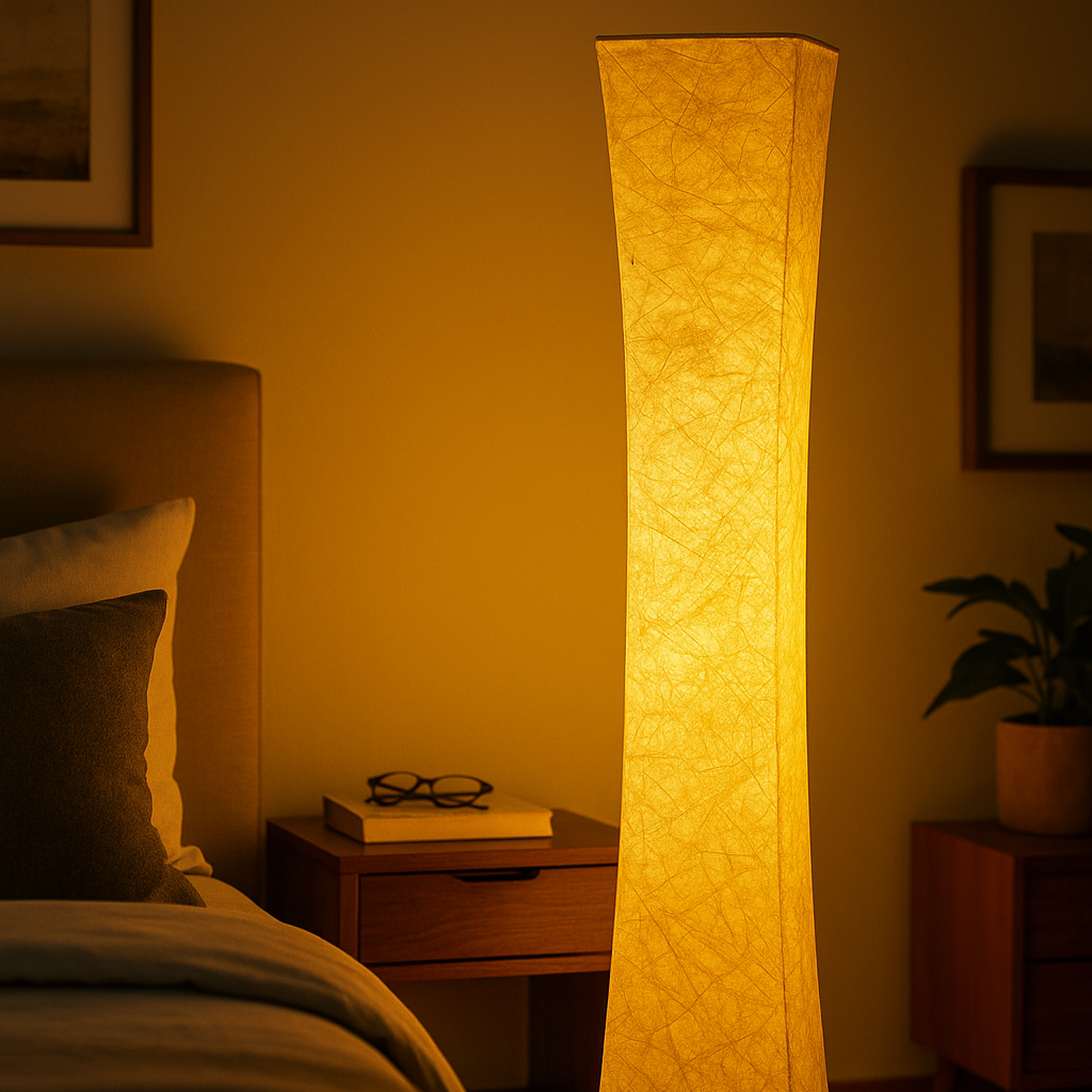 Tall sculptural floor lamp with textured fabric shade, glowing warmly at 130 cm height, shown against a softly lit interior background.