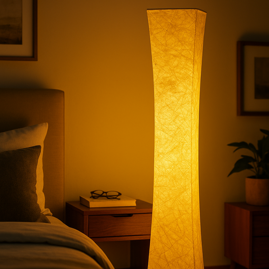 Tall sculptural floor lamp with textured fabric shade, glowing warmly at 130 cm height, shown against a softly lit interior background.