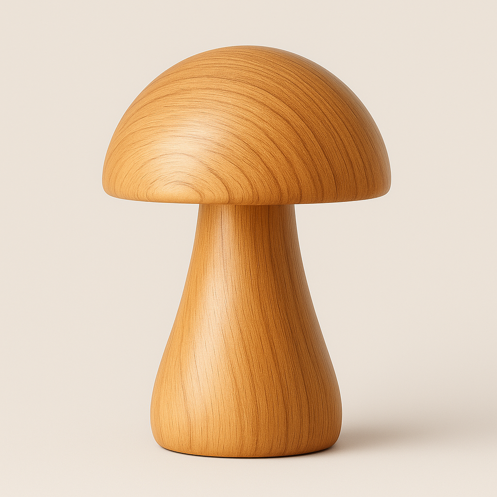 Wooden mushroom-shaped table lamp with smooth dome shade and natural wood grain, 17 cm tall, shown on a cozy wooden tabletop.